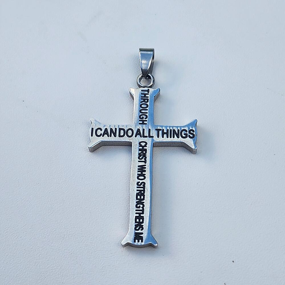 Philippians 4:13 Cross Pendant Silver Tone Christian Bible Verse Charm 2.25in